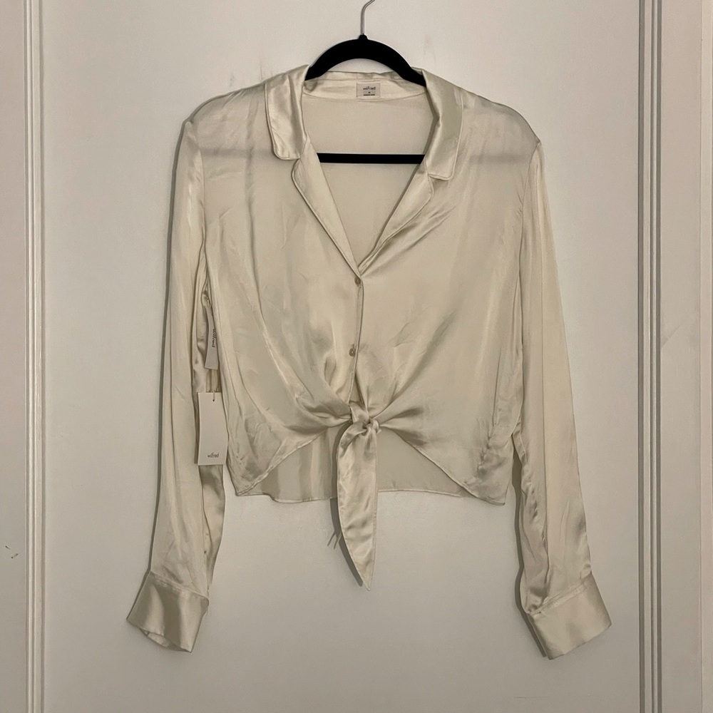 Wilfred Cream Coloured Satin Tie-Front Blouse, Size Medium.